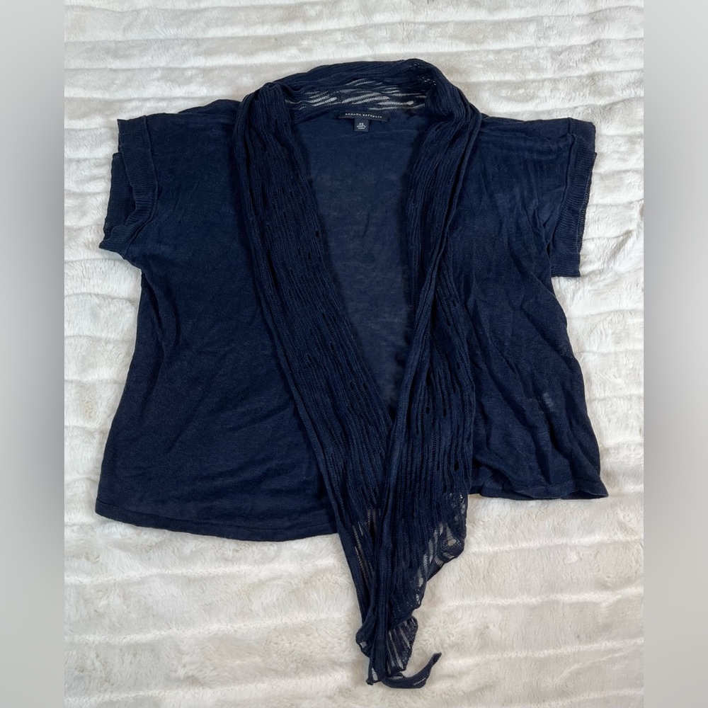 Banana Republic XS 100% Linen Navy Blue Open Cropped Office Work Fall Cardigan